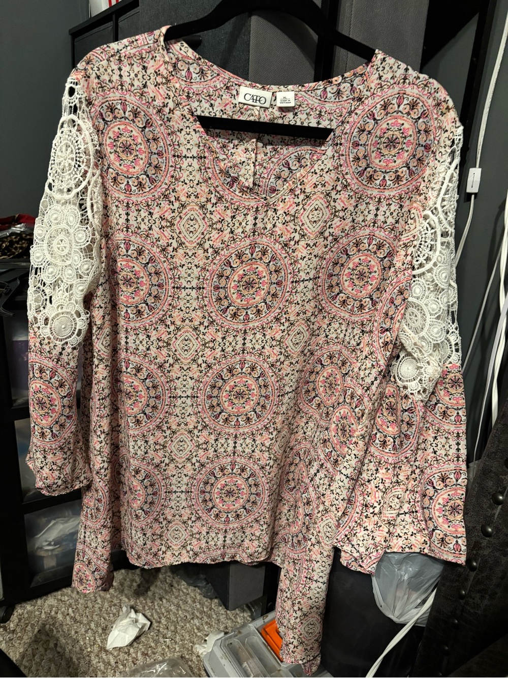 Cato Pink Mosaic Lace-Sleeve Women's Top XL
